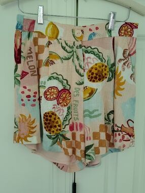 Paper Heart Pink Tropical Fruit Linen Blend Elastic Waist Shorts Australian M